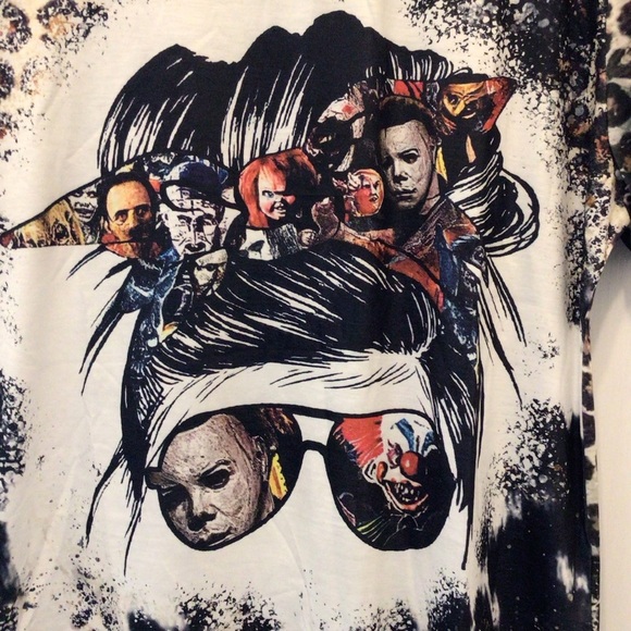 Womens Leopard Graphic Print Halloween Movie Killers Messy Bun Tee XXL - Picture 5 of 10